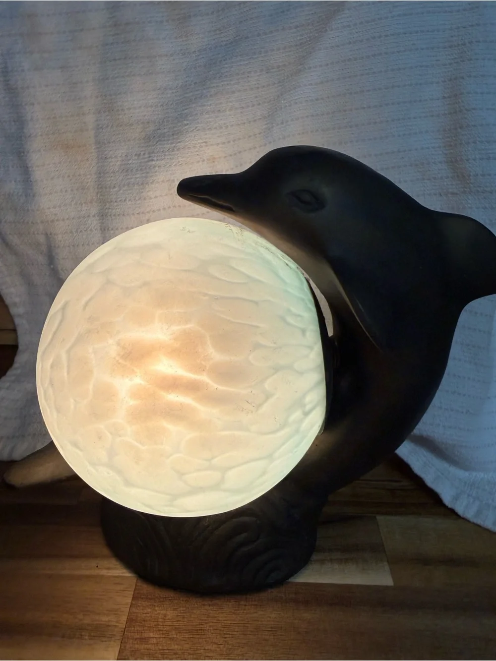 Dolphin Table Lamp SOLID BRASS Frosted Blue Glass Globe vintage art deco
